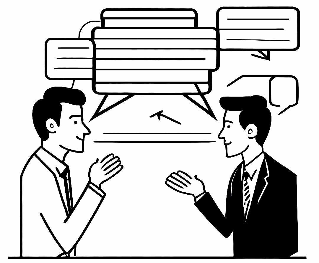 Line artwork depicting two people communicating